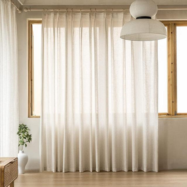 MAIHER Faux Linen Pinch Pleated Curtains 96 Inches Long, Light Filtering and Privacy Protection, Semi Sheer Patio Door Drapes for Living Room, Easy Hanging Via Hooks (Linen, 1 Panel, 54 W x 96 L)