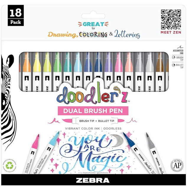 Zebra Pen Doodlerz Brush Pen, Brush and Bullet Tips, Vibrant Color Ink, Assorted Colors, 18 Pack