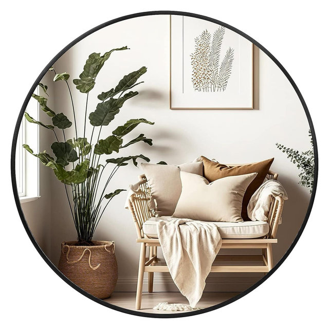 Serio 36" x 36" Black Circle Mirror Wall Decor,Thin Frame Mirror,Round Bathroom Mirror,Aluminum Mirror-The Pop Home