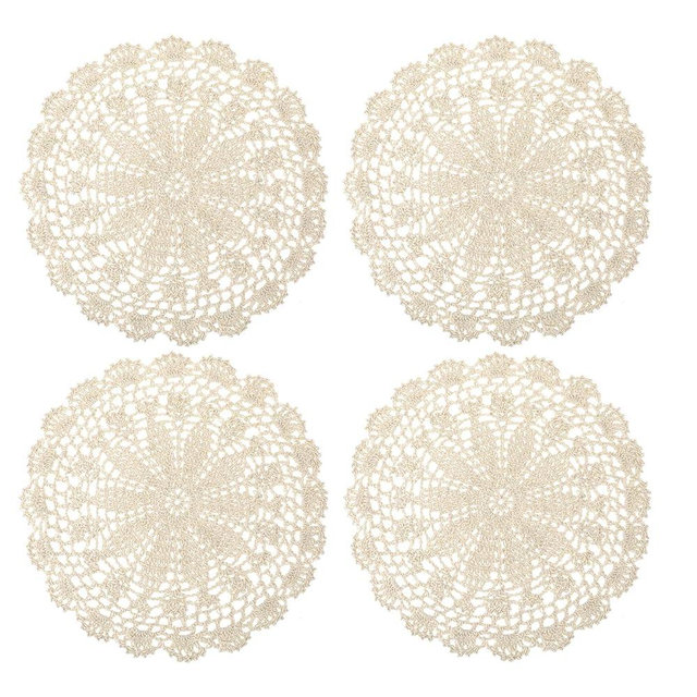 Crochet Doilies, 4 Pcs 10 Inch Beige Doilies for Tables Vintage Doilies for Furniture, Round Handmade Lace Placemats Knitted Tablecloth Corrugated Edge for Kitchen Dining Room Wedding Party Decor
