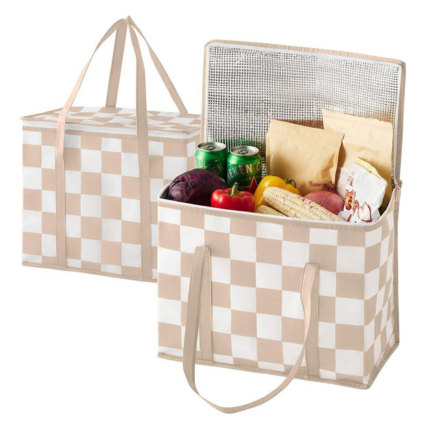 Ohocut Checkered Insulated Grocery Bags 2 Pack, Checkerboard Cooler Shopping Bags for Groceries, Insulated Bags for Food Delivery