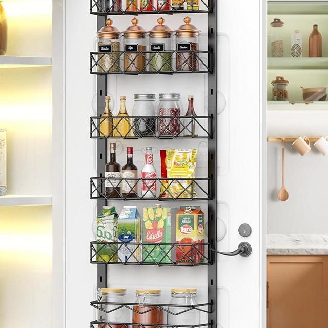 Fulpower Over the Door Pantry Organizer, 6+1 Pantry Door Organizer with Adjustable Basket, Heavy-Duty Metal Spice Rack Storage for Kitchen Bathroom Black (6 tier Black)