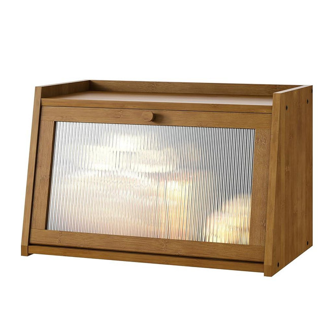 kiplant Bread Box for Kitchen Counter, Large Bamboo Bread Storage Container with Wavy Arcylic Transparent Door, Bamboo Wooden Farmhouse Bread Box for Your House