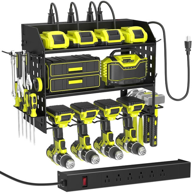 SUNALLY Power Tool Organizer Wall Mount with Charging Station,3 Layer Heavy Duty Metal Tool Storage Rack with 4 Drill Holders, Power Tool Shelf for Garage, Warehouse, Workshop, Gifts for Men, Husband