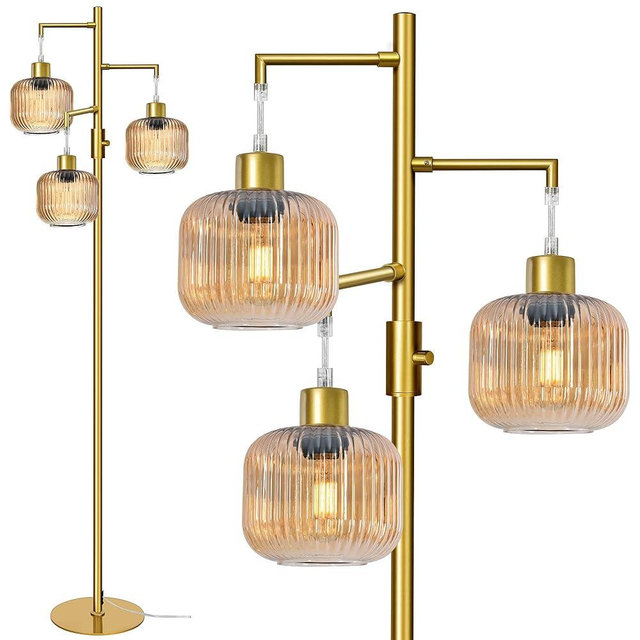 Floor Lamp with Amber Glass Shade, Dimmable Standing Lamp for Living Room, Modern Mid Century 3 Lights Tall Tree Lamp, Rotary Switch, 3 x 6W LED Bulbs Included