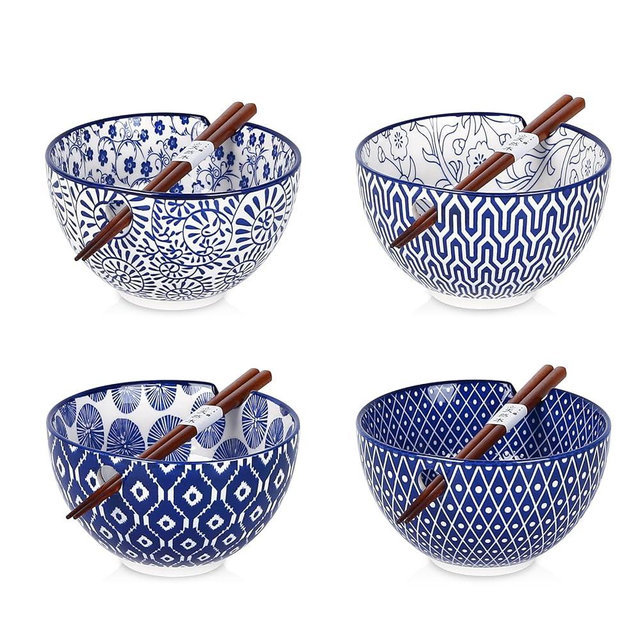 Selamica Ceramic Ramen Bowls Set, 15 OZ Noodle Bowls for Kitchen with Chopsticks, Deep Soup Bowls for Japanese Ramen Udon Soba, Microwave Dishwasher Safe, Gift, Set of 4, Vintage Blue