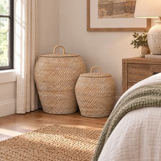 Rattan Wicker 2-Piece Storage Basket with Lid Set