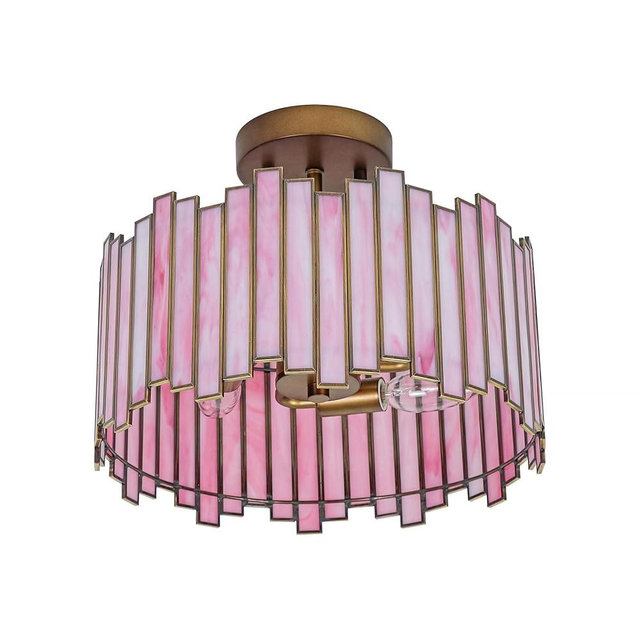 Wrlmfy Pink Tiffany Ceiling Light Fixture in Drum Shape, 12.5” 3-Light Stained Glass Vintage Semi Flush Ceiling Mount for Foyer Hallway Bedroom Kitchen Closet