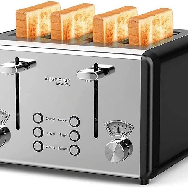 4 Slice Toaster, whall Stainless Steel,Bagel Toaster - 6 Bread Shade Settings,Bagel/Defrost Cancel Function with Dual Control Panels,4 Extra Wide Slots,Removable Crumb Tray,for Various Bread Types 1500W