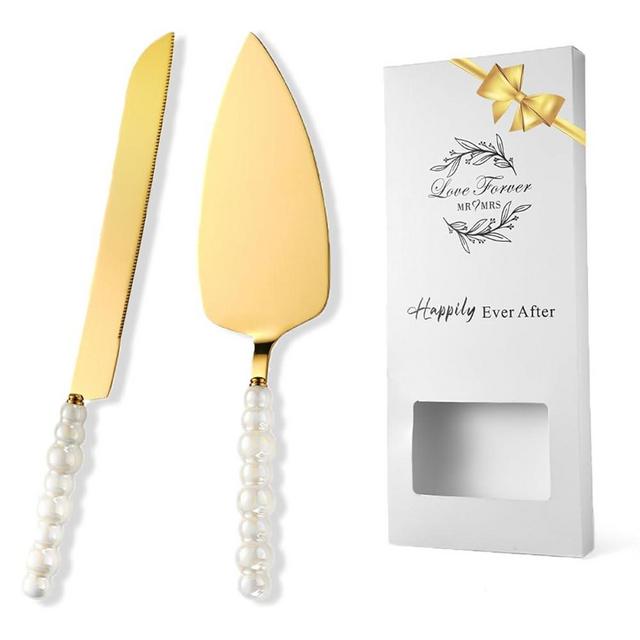Bltnever Wedding Cake Knife and Server Set, Pearl Ceramic Handle Cake Cutting Set, Stainless Steel Pie Cutter, Wedding Gift (Gold, Set of 2)