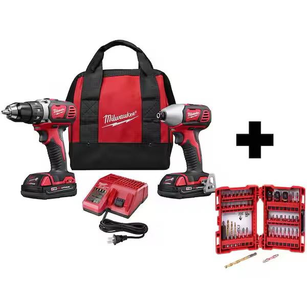Milwaukee M18 18V Lithium-Ion Cordless Drill Driver/Impact Driver Combo Kit (2-Tool) W/ 50PC Driving Bit Set 2691-22-48-32-4024