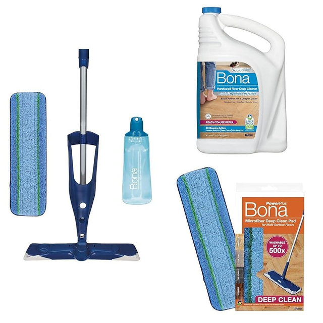 Bona PowerPlus Premium Motion Spray Mop for Hardwood Floors + PowerPlus Cleaner Refill - 128 fl oz + PowerPlus Microfiber Deep Clean Pad