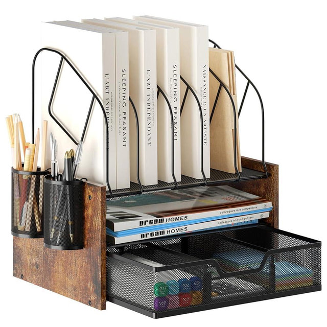 Boershun Wood Desk Organizer - 2-Tier Desktop File Organizer with Drawer with Vertical File Holder, Wooden Paper Tray, Office Desk Organzier and Accessories for Papers, Mail, Notebooks, Stationery