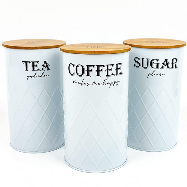 Hometasy Coffee Tea Sugar Canister Set of 3, Large Farmhouse Containers for Kitchen Counter with Bamboo Lid, 4.33" x 7.48"