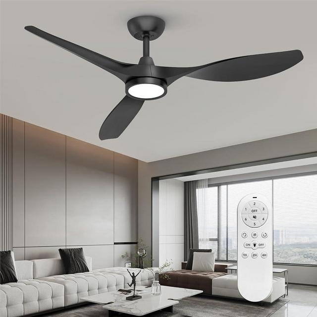 Ceiling Fans with Lights and Remote, 52 Inch Large Airflow Indoor Ceiling Fans with Quiet DC Motor and 3 Colour Temperature Black Noiseless Attractive Design ABS Blades
