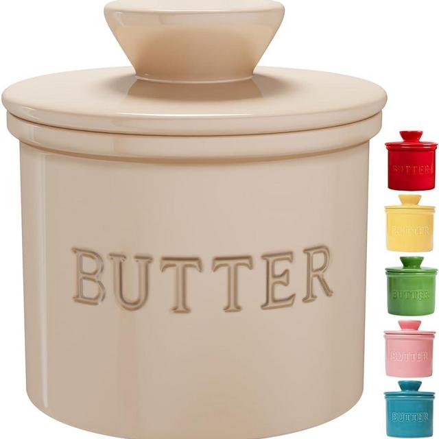 PriorityChef Butter Crock with Lid, On Demand Spreadable Butter, French Butter Keeper to Leave On Counter with Water Line, Ceramic French Butter Dish, Latte