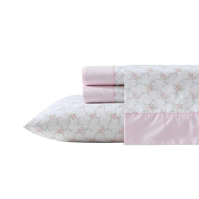 Laura Ashley - Sheet Set, Breathable Percale Cotton Bedding, 200 Thread Count, Deep Pocket, Chic Home Decor (Lynda Pink, Queen)