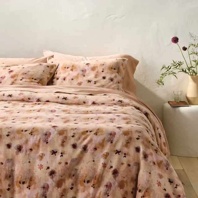 Full/Queen Heavyweight Linen Blend Duvet Cover and Sham Set Pressed Floral Print - Casaluna™