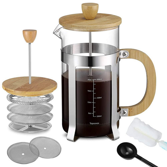 French Press Coffee Maker 34oz(1000ml) with Bamboo Lid & Handle, Heat Resistant Borosilicate Glass French Press, with Cleaning Brush and Spoon