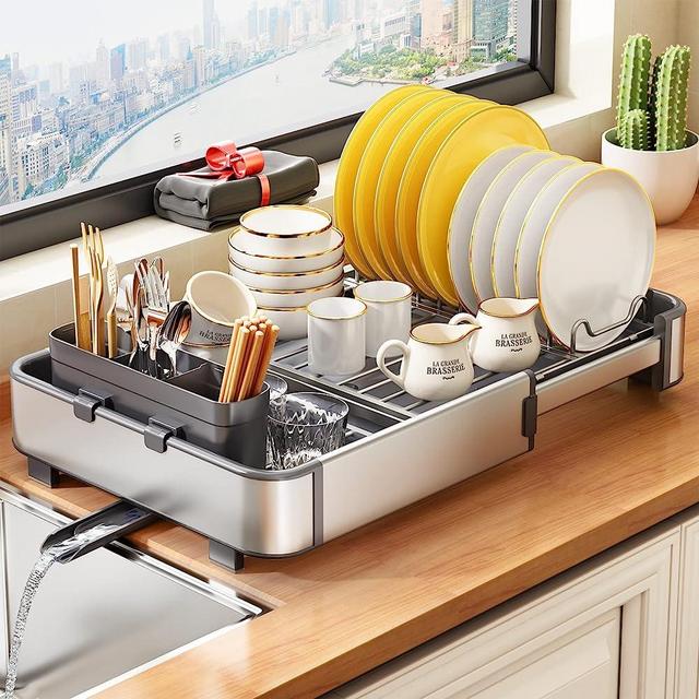 Dish Drying Rack Kitchen Counter Dish Rack Organizer Auto-Drain Expandable (14.9''-22.3'') Dishes Drainer with Extra Dish Drying Mat, Silver