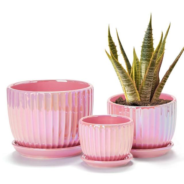 Ton Sin Pink Gold Ceramic Flower Pots, 4"+5"+6" Inch Small Glazed Succulent Planters with Drainage Hole,Modern Indoor Decorative Plant Pots Set of 3,Garden Pots with Saucer