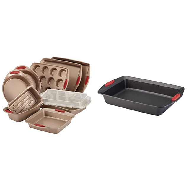 Rachael Ray Cucina Nonstick Bakeware Set Baking Cookie Sheets Cake Muffin Bread Pan, 10 Piece, Latte Brown with Cranberry Red Grips & Yum-o! Nonstick Baking Pan - 9 Inch x 13 Inch, Gray with Red Grips