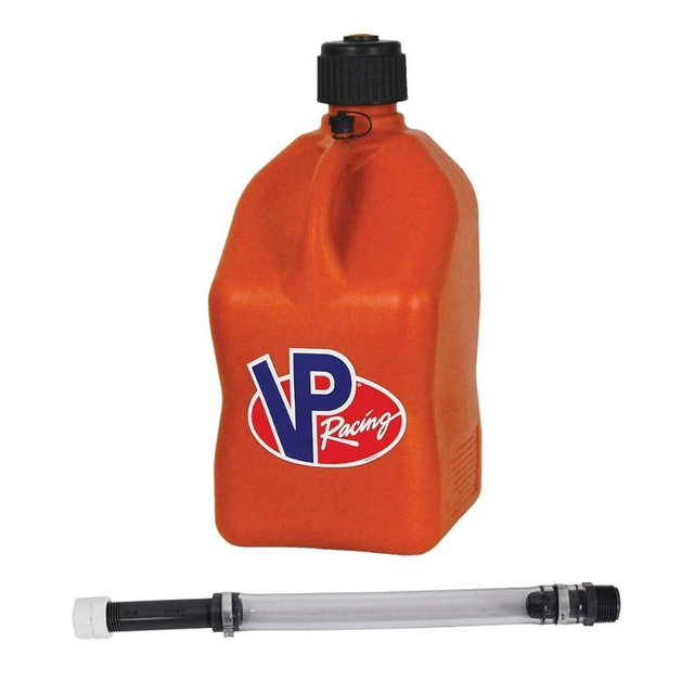 VP Racing Fuels 5 Gallon Square Motorsport Utility Jug Orange w/ 14 Inch Standard Hose. Features Close-Trimmed Cap and Neck for Tight Seal