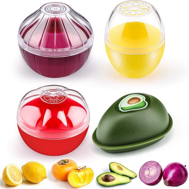 4 Pieces Silicone Fruit and Vegetable Shaped Savers, Storage Containers for Fridge, Avocado Lemon Tomato and Onion Keeper/Saver/Holder, Refrigerator Vegetable Crisper