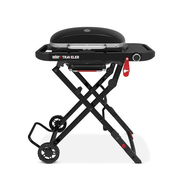 Weber Traveler® Compact Portable Gas Grill (Liquid Propane) for Outdoor Cooking – Black, Porcelain-Enameled Lid, Side Table, Folding Portable Grill with Wheels for Camping, Tailgating & Travel