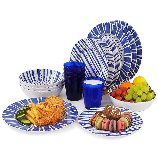 Melamine Dinnerware Set for 4-16 Pcs:Camping Dishes Set with Dinner Plates,Salad Plates,Cups and Bowls.Lightweight and Unbreakable.Indoor and Outdoor Use.
