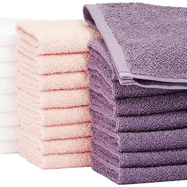 Amazon Basics Fast Drying, Extra Absorbent, Terry Cotton Washcloths - Pack of 24, Petal Pink/Lavender/White, 12 x 12-Inch