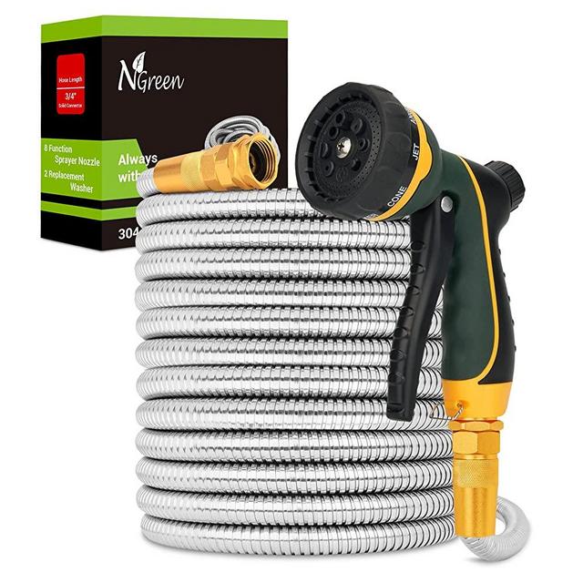 NGreen Stainless Steel Garden Hose - Flexible Metal Water Hose with Nozzle, Puncture, Rust Proof and Corrosion Resistant, Never Kink and High Pressure, Collapsible and Easy to Store (25FT)