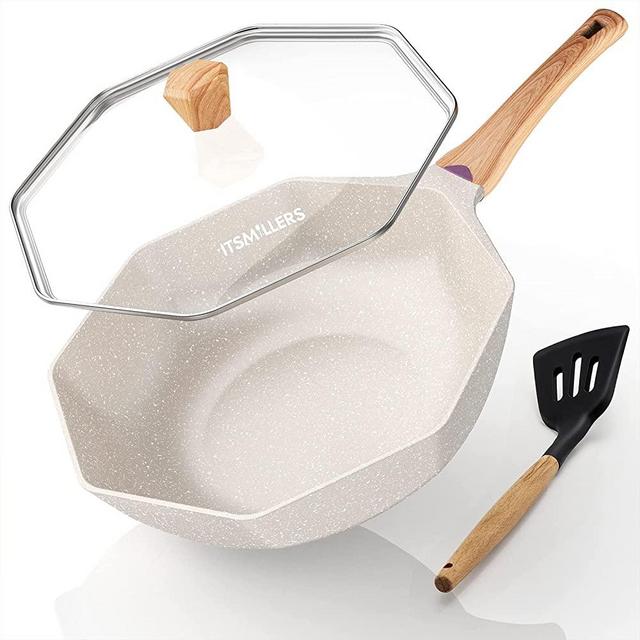 ITSMILLERS Ceramic Nonstick Octagonal Wok 12.5 inch Die-cast Induction Woks and Stir Fry Pans with Glass Lid 100% PFOA Free (Cream White)