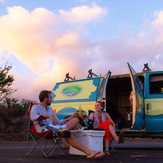 Enjoying a beer at the end of a long day adventuring through Hawaii in the Mystery Machine.