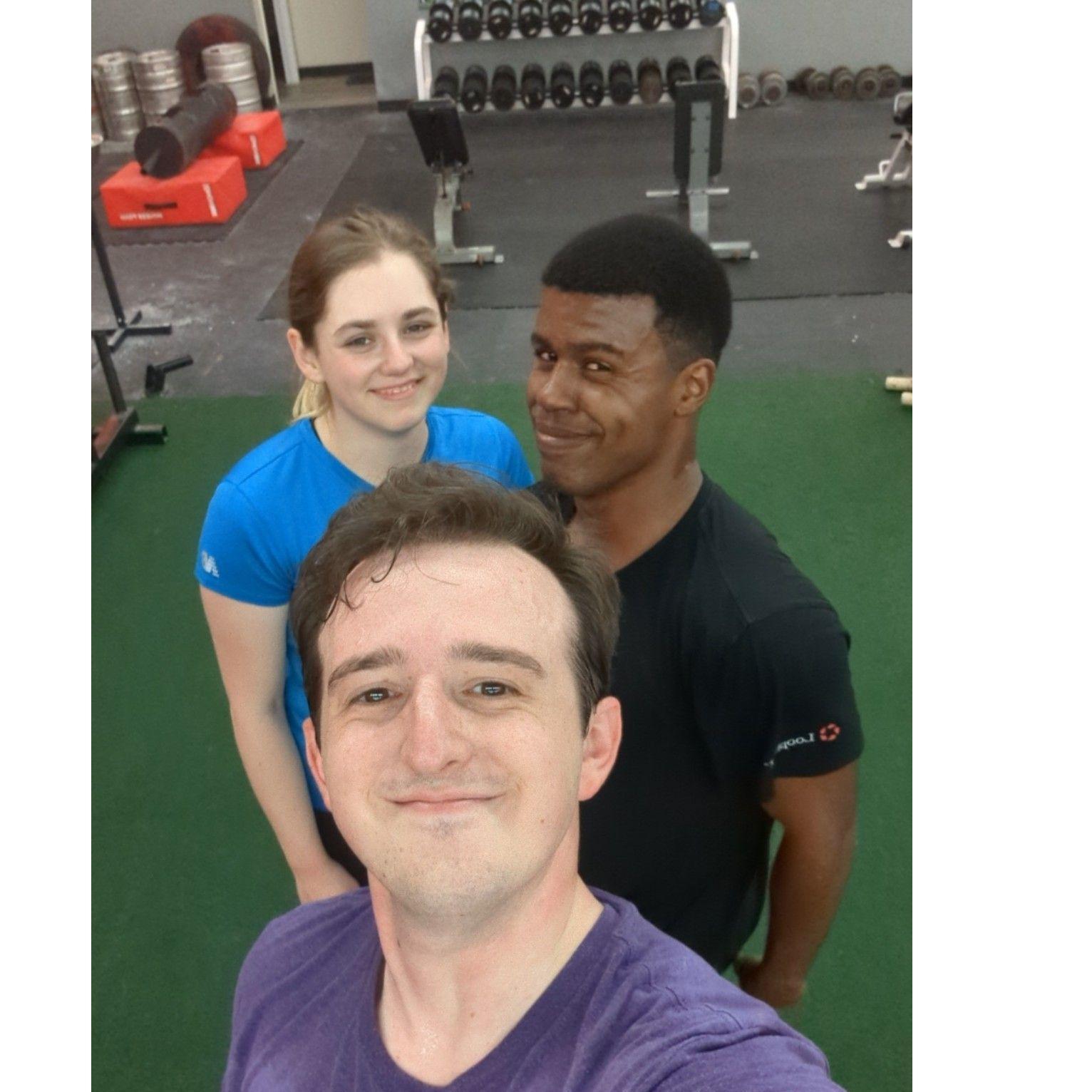 This was us (plus Justin's best man, Brandon) at the end of a very awful workout but somehow, we managed to get a good picture out of it!