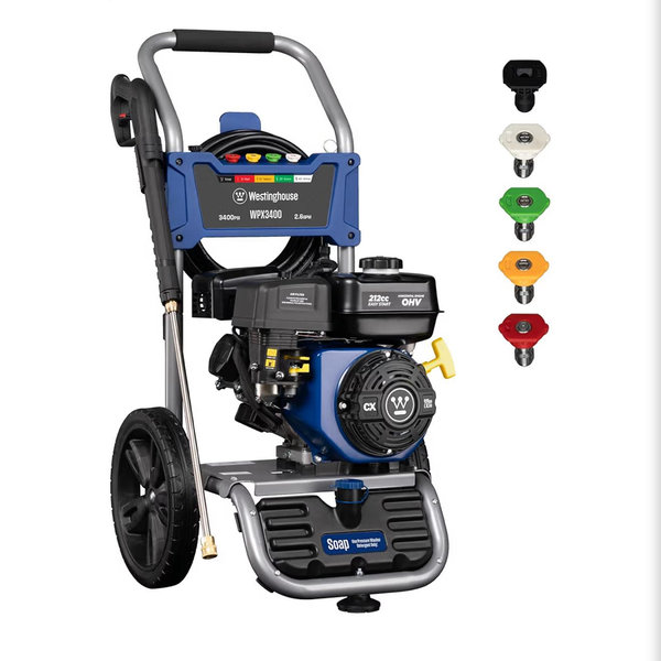 Westinghouse WPX3400 Gas Pressure Washer, 3400 PSI and 2.6 GPM, Onboard Soap Tank, Spray Gun and Wand, 5 Nozzle Set, for Cars/Fences/Driveways/Homes/Patios/Furniture