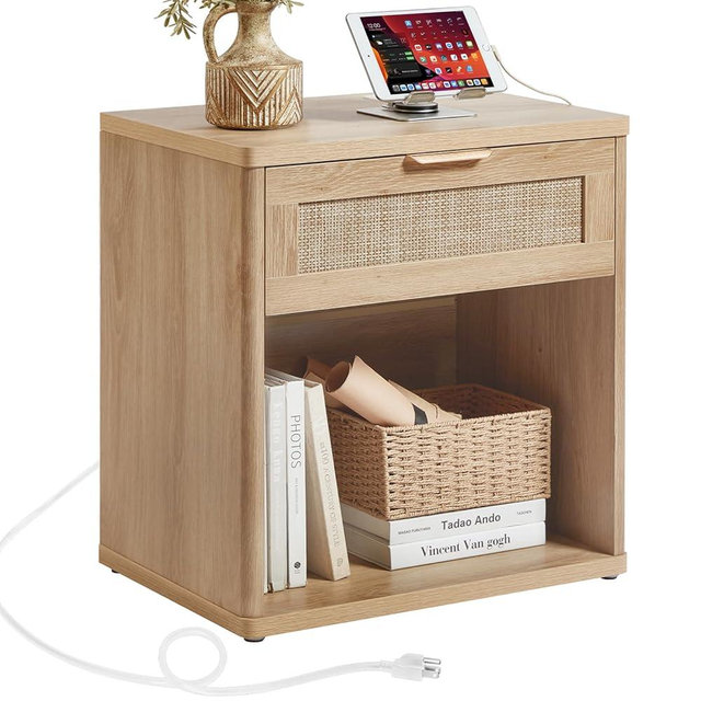 LEYAOYAO Rattan Nightstands Set of 2 with Charging Station, Natural Wood Night Stand with Drawer, 23" Wide Boho Bedside Table with Storage Shelf, Bed Side End Tables for Bedroom, Living Room, Hallway