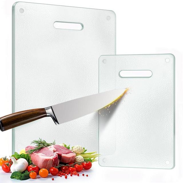 Tempered Glass Cutting Board for Kitchen, 2PCS Clear Chopping Board with Handle (16"x12" & 12"x8"), Scratch Resistant, Heat Resistant, Dishwasher Safe, Non Taxic, Easy to Clean