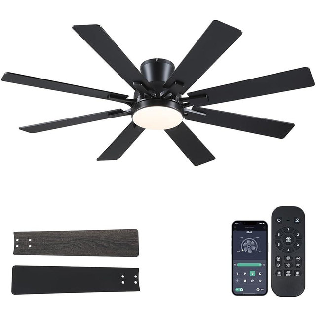 Ceiling Fans with Lights- 52" Low Profile Indoor Ceiling Fan with Light and Remote/APP Control, 8 Blade,Flush Mount, LED Dimmable DC Reversible Modern Ceiling Fan for Bedroom（Black）