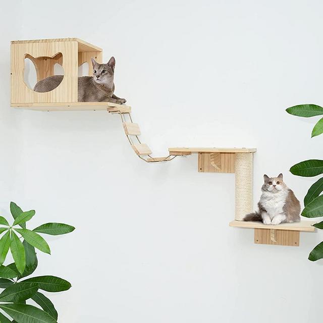 Yehnna Cat Wall Shelves, Cat Shelves and Perches for Wall, Cat Wall Steps Set 5 PCS Wall Mounted Cat Furniture with 1 Cat Condos House, 2 Cat Wall Shelves, 1 Ladder, 1 Sisal Cat Scratching Post