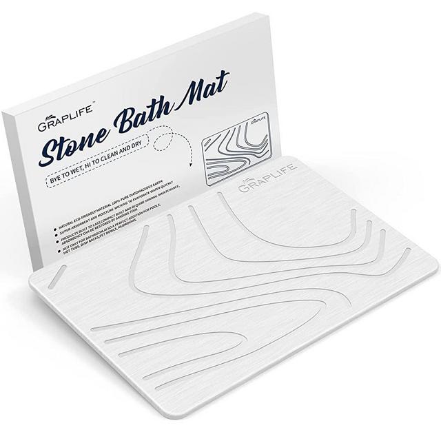 Graplife - Stone Bath Mat, Diatomaceous Earth Shower Mat, Non-Slip Super Absorbent Quick Drying Bathroom Floor Mat, Natural, Easy to Clean (23.5 x 15 White)