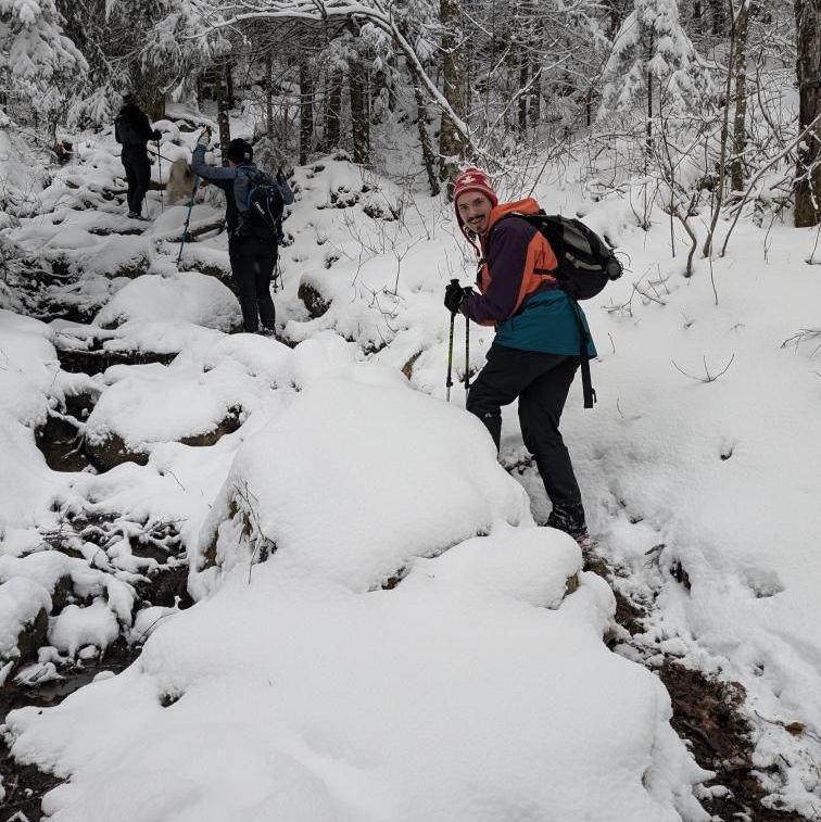 Hiking Loon Lake Mountain, December 2024. Cameron, Kelsey and Sampson up ahead!