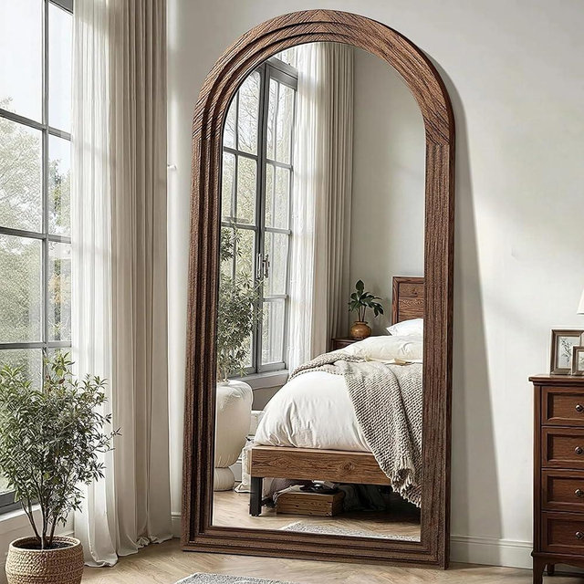 Delma Arched Full Length Floor Mirror with Stand, 75x35 Rustic Farmhouse Solid Wood Frame Wall Mirror for Bedroom, Living Room, Vertical Hanging & Standing(Brown)