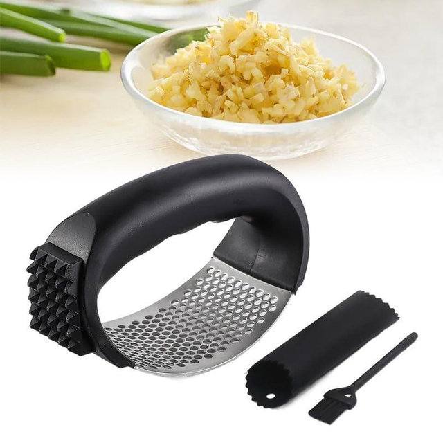2026 New Upgraded Garlic Press Rocker, Stainless Steel Garlic Press, Garlic Crusher with Peeler and Cleaning Brush, Garlic Chopper for Crush Garlic Kitchen Gadgets, Kitchen Tools (Black)