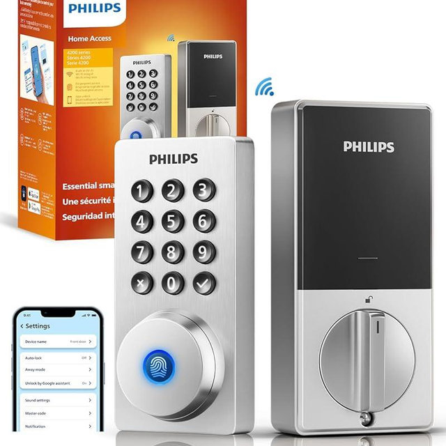 Philips Wi-Fi Door Lock, WiFi Smart Lock Keyless Entry Deadbolt for Front Door, Remote Control, Built-in WiFi, APP Fingerprint Passcode Unlock, Auto Locking