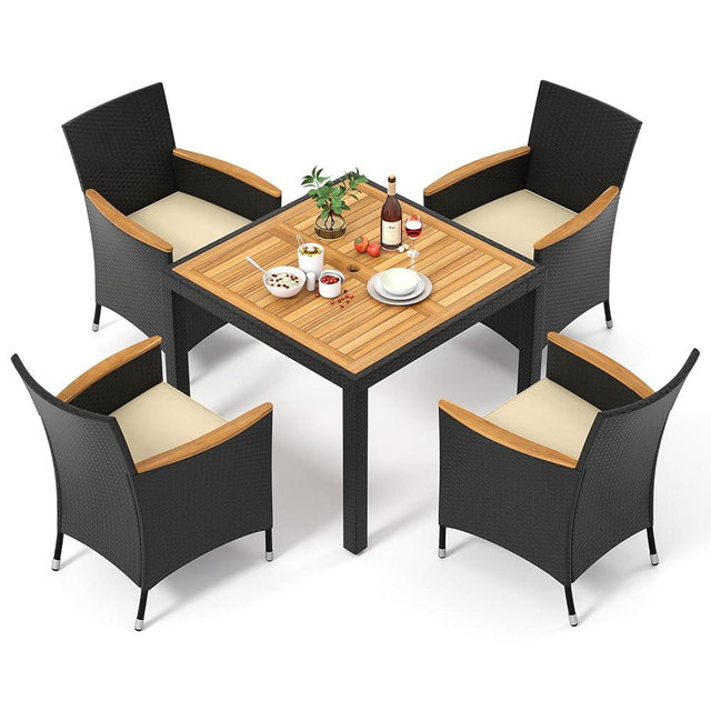 Tangkula 5 Pieces Patio Dining Table Set for 4, Rattan Conversation Set with Umbrella Hole, Seat Cushions & Acacia Wood Tabletop, Outdoor Dining Table with 4 Chairs for Backyard, Poolside & Deck