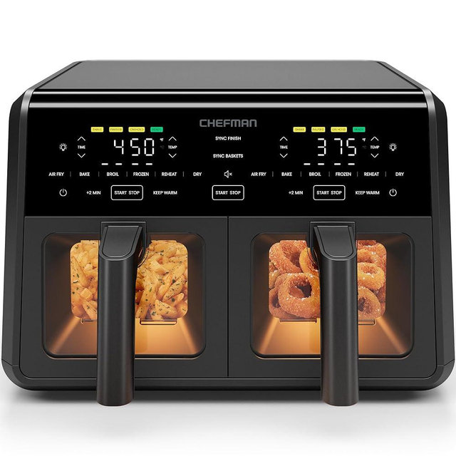 Chefman Dual Air Fryer Oven with DC Motor, 9 Qt. Double Basket Air Fryer with 450°F Max Temp for Meals in Minutes, Bake, Broil, Dehydrate, Reheat for Extra-Crispy Chicken, Fries, and More - Black