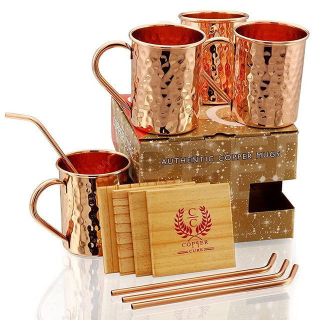 SOLID COPPER MUGS WITH COPPER STRAWS AND PINE WOOD COASTERS - PREMIUM QUALITY -16 Oz Hammered Mug - 100% Handcrafted - Pure Copper Mugs Set of 4 - A Perfect gift for your loved Ones.