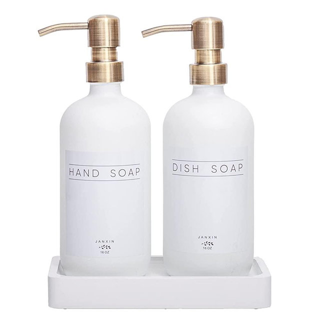 Janxin Glass Soap Dispenser for Kitchen,16oz Morden Hand and Dish Soap Dispenser with Stainless Steel Pump and Wood Tray,Bathroom Soap Dispenser with Waterproof Labels(White Bottles+Bronze Pumps)