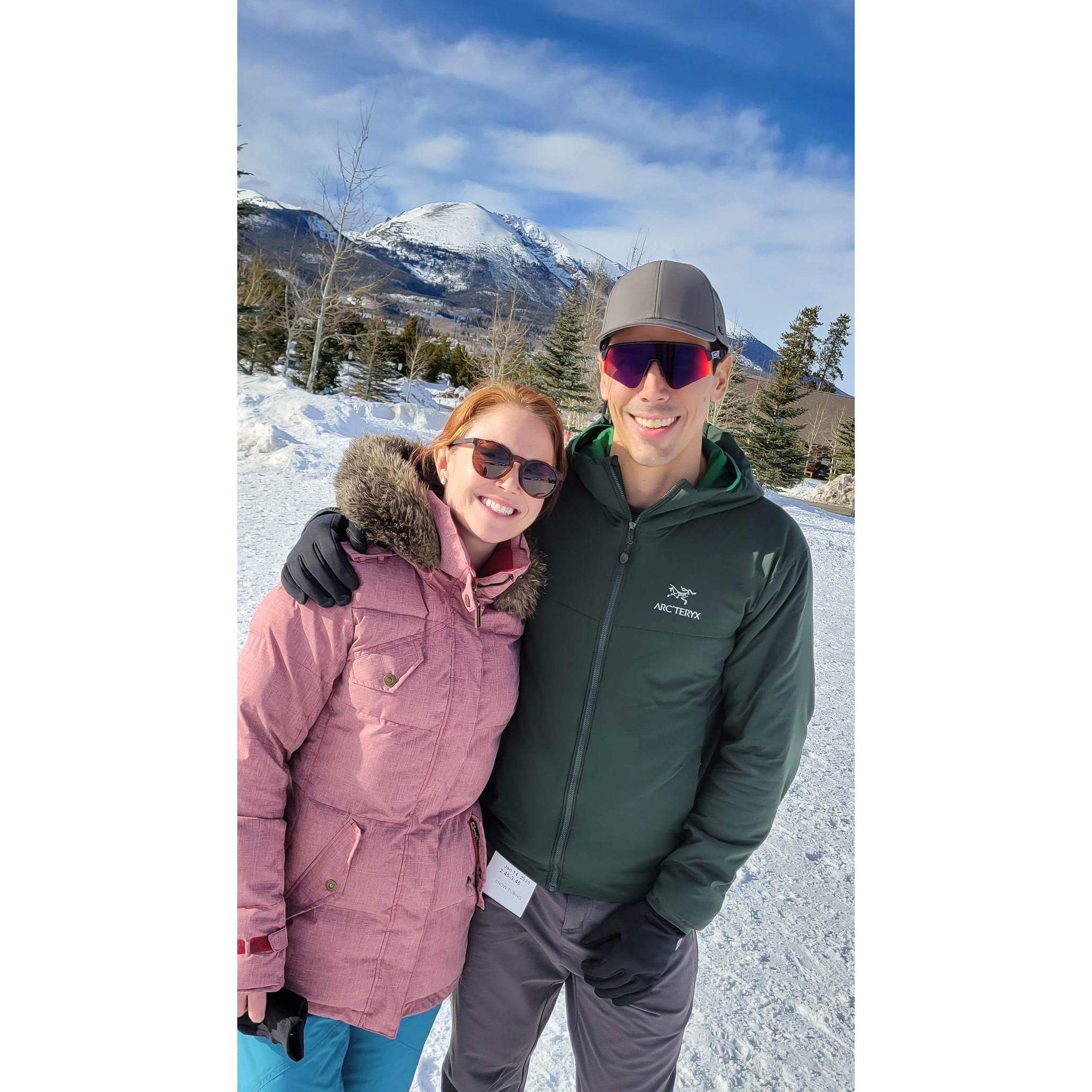 Snow tubing in Frisco with our engagement mountain in the background
